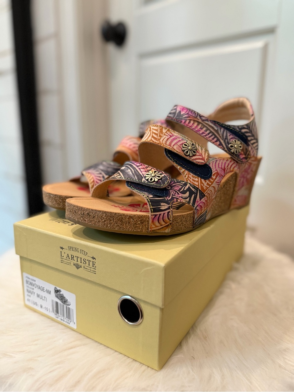 Spring Step L'Artiste Floral Multi Wedge Sandals - Pink and Orange